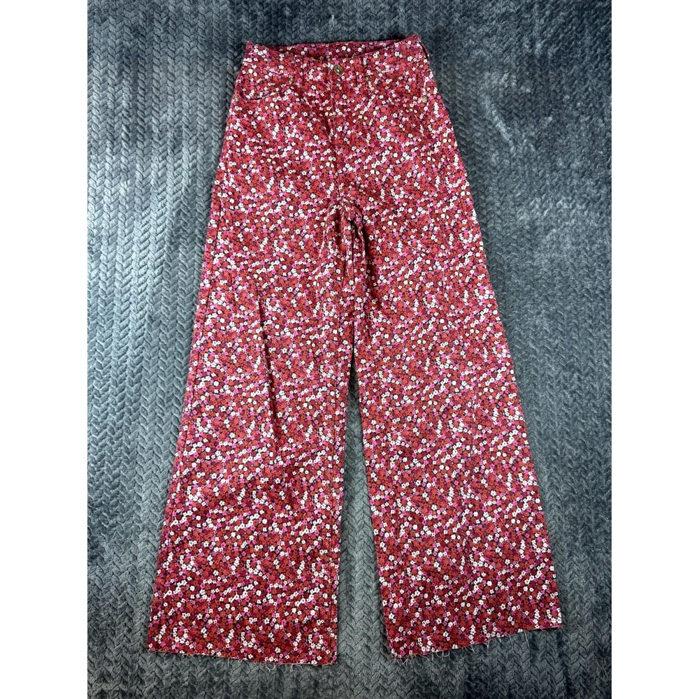 H&M Divided Corduroy Pants Womens 2 Red Pink Floral Stretch Wide Leg Raw Hem